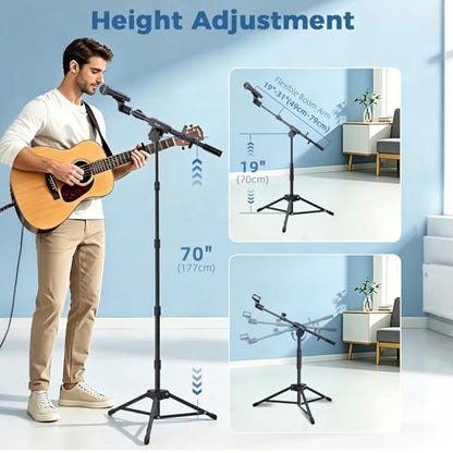 Microphone Floor Stand with Phone/Tablet Holder, Adjustable Boom Mic Stand with Heavy-Duty Base, Dual Device Mount for Streaming, Podcasting, Recording, and Live Performances GMS-04