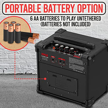 Pyle Portable Electric Guitar Amp - Battery or Wall Power Mini 10 Watt Mini Practice Instrument Amplifier w/ 5" High Definition Speaker, Headphone Out, Volume, Bass, Treble, Distortion, Gain Controls