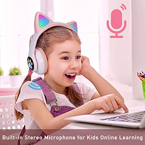 Kids Bluetooth Wireless Over-Ear Cat Ear Headphones with Microphone for Kids Teens Adults (Pink) | Over-Ear Cat Ear Headphones with Microphone - color: Pink