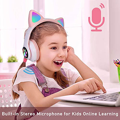 Kids Bluetooth Wireless Over-Ear Cat Ear Headphones with Microphone for Kids Teens Adults (Pink) | Over-Ear Cat Ear Headphones with Microphone - color: Pink