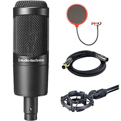 Audio-Technica (AT2035 Large Diaphragm Studio Condenser Microphone Bundle + Universal Pop Filter Wind Screen w/Stand Clip + 10 Premier Series XLR Male - Female 16AWG Cable + Microphone Shock Mount
