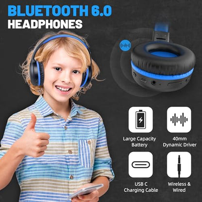 UKELALA U2B ANC Wired & Wireless Bluetooth 6.0 Headphones Foldable with Mic | Up to 30 Hrs Battery, Noise Canceling Foldable Lightweight Head phones with Volume Control‌ for Kids Adult School Black Blue - color: Blue/Black