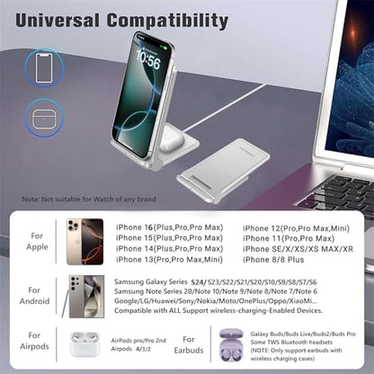 2 in 1 Wireless Charger,Foldable 20W Fast Wireless Charging Stand Compatible with iPhone 16/16 Pro/15/14/13/12/X/AirPods,Dual Phone Induction Charge Station for Samsung,Pixel,Xperia,LG(No Plug) - color: White