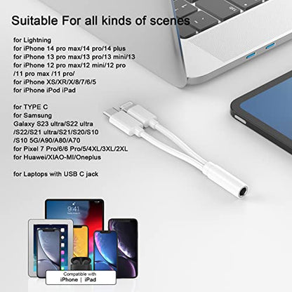 Lightning to 3.5 mm Headphone Jack Adapter,[MFi Certified] iPhone Headphones Aux Audio Dongle+USB Type C to 3.5 mm Jack Female Adapter for iPhone 17 16 15 14 13 Pro Max 12 11 XS XR 8 7 S23 S22 | Aux Audio Dongle+USB Type C to 3.5 mm Jack Female Adapter fo