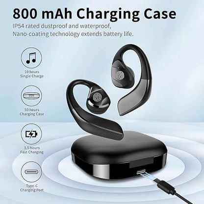 BANIGIPA Open Ear True Wireless Earbuds with Immersive Premium Sound | IP54 Waterproof Bluetooth 5.3 Headphones w/ DSP Noise Cancelling Mic for Sports Long-Lasting Comfort, 50H Playtime - color: AIR01-Black