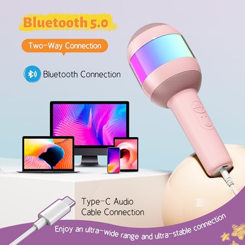 Wireless Karaoke Machine Portable Bluetooth Microphone with LED Light | Best Chritmas Birthday Festival Party Gift for Adults 3 4 5 6 7 8 9 10 11 12+ Year Old Girls Boys Kids (Pink) - color: Pink