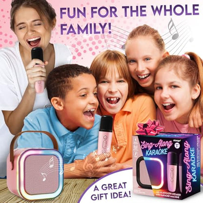 Karaoke Machine for Kids Adults, Portable Mini Bluetooth Speaker with 2 Wireless Microphones, LED Lights, Singing System for Family Home Party, Voice Changer, Boys Girls Karaoke Machine with Speaker - color: Pink