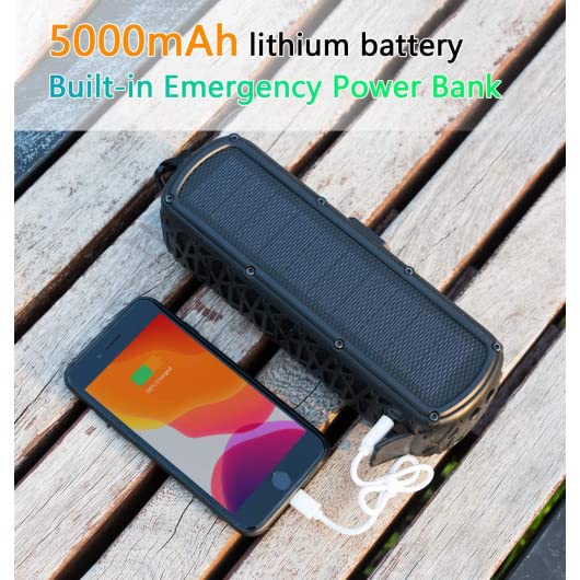 Solar Bluetooth Speaker 60 Hours Play Time 5000mAh Power Bank Outdoor Portable Wireless Dual Speaker with Mic Stereo Sound Bass, for Home, Hiking, Travel, Riding, Beach, Camping-Black