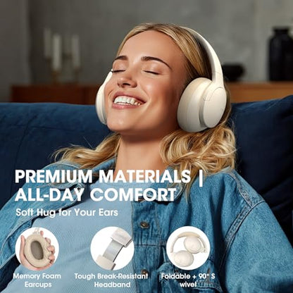 DOQAUS Bluetooth Headphones Over Ear, Headphones Wireless, APP Control | 90H Playtime, 9 EQ Modes, Bluetooth5.4, Hifi Stereo Sound Headphones, ENC Mic, Foldable, for Travel Work Study Phone, Ivory - color: Beige