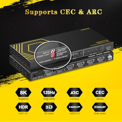 8K@60Hz 4K@120Hz HDMI2.1 Switch 4 in 1 Out with eARC,ARC Audio Extractor,7.1Ch,SPDIF 5.1Ch,48Gbps,HDCP2.3 Bypass,VRR,IR,3D,HDR 10,Dolby Atmos,Compatible with QLED TV,PS5,Xbox,Sonos Soundbar,Apple TV