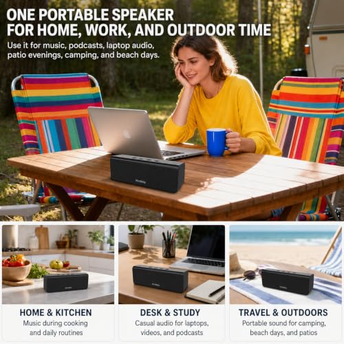 Musibaby M71 Small Portable Bluetooth Speaker, 10W, 24H, IPX5, Black | Rechargeable wireless outdoor speaker with stereo pairing, TF card, USB and AUX for camping, beach, poolside and travel.