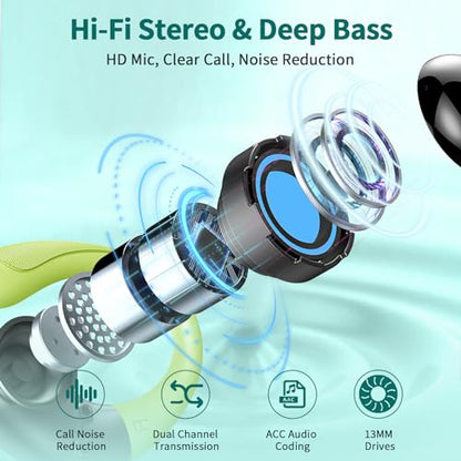Wireless Earbuds, 2026 Bluetooth 5.4 Headphones Sport, Bluetooth Earbuds with ENC Noise Canceling Mic, 60H Stereo Wireless Headphones IP7 Waterproof with Earhooks, Dual LED Display for Workout/Running - color: Loyal Green