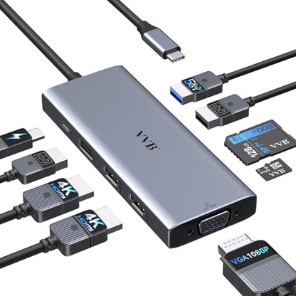 USB C Docking Station Dual Monitor Adapter Laptop Docking Station 3 Monitor | USB C Hub Multiple Adapter Dongle with Dual 2 HDMI 4K+VGA+100W PD Charger+3 USB Port+SD/TF Card Reader for Dell HP Lenovo - size: 4.2inches