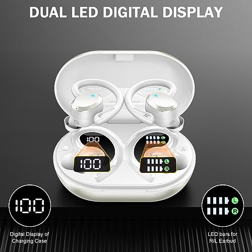 Wireless Earbuds, Sport Bluetooth 5.4 Headphones 2026 New Bluetooth Earbuds with 56Hrs Stereo, 4 ENC Mic, Noise Canceling Over-Ear Buds with Earhooks, IP7 Waterproof Earphones for Workout/Running/Gym - color: White