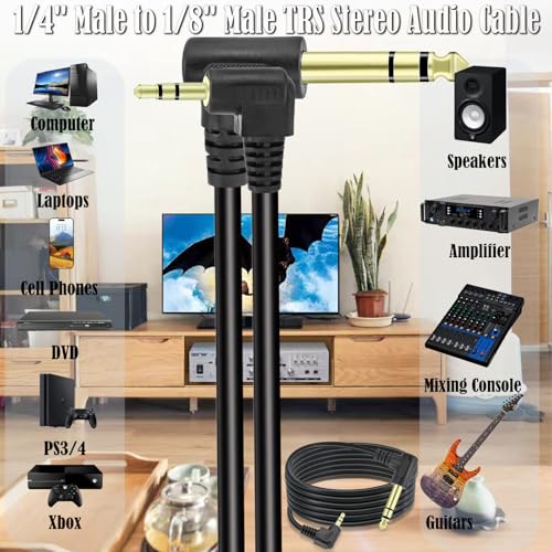 1/4" Male to 1/8" Male TRS Stereo Audio Cable,BENACES Right Angled 3.5mm to 6.35mm Stereo Jack Plug Audio Cord,1/4 Inch to 1/8 Inch Audio Adapter for Guitars,Laptops,Speakers and Amplifiers (1.8M/6Ft)
