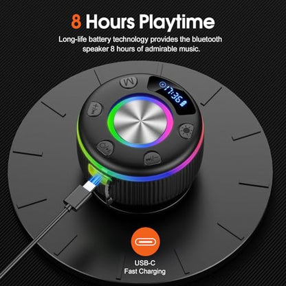 Bluetooth Shower Speaker, Portable Bluetooth 5.3 Speakers Wireless with Time Display, IP7 Waterproof Speakers with RGB Light, Suction Cup, Mini Stereo Speaker for Bathroom Party Travel Beach Outdoor - color: Jet Black