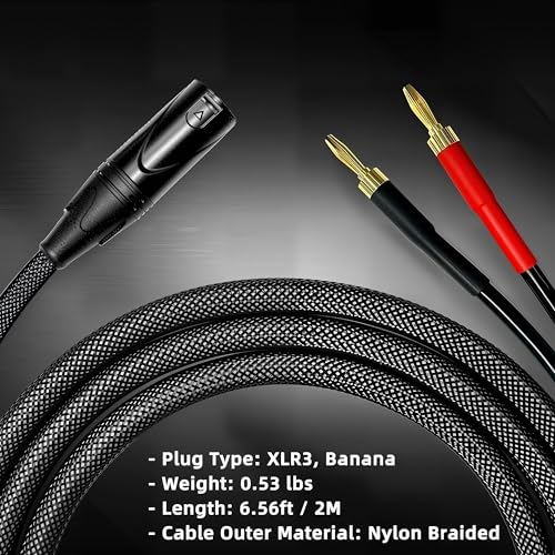 1Pack 6.56FT XLR to Banana Speaker Cable for Speaker Power Amplifier | Banana Plug to XLR Male, Male to 2 Male Plugs XLR Cable, OFC 12AWG Wire, Heavy Duty Nylon Braided Cover(Black/2M)