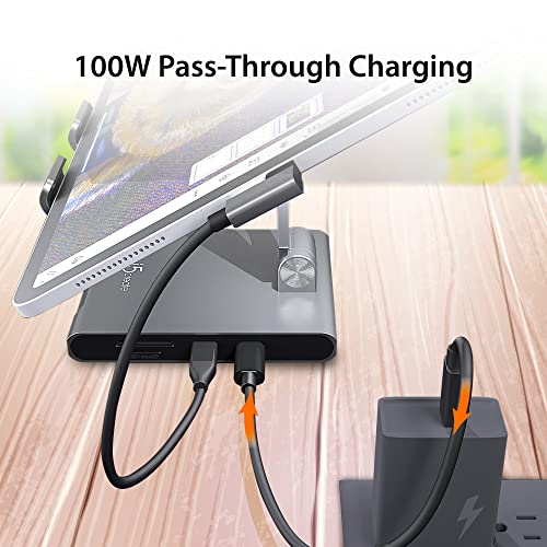 j5create Adjustable Tablet Stand with USB Type C Docking Station for iPad | Pro/Air/mini : 4K60 HDMI, 2 x USB-A 5Gbps, 100W PD Charging, microSD/SD Card Reader, 3.5mm Audio Jack (JTS224)