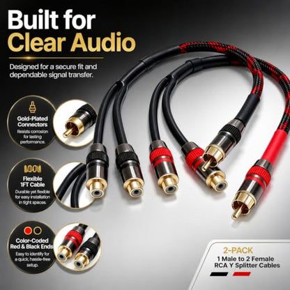 RCA Y Splitter Cable 1ft 2-Pack, 1 Male to 2 Female RCA Splitter, 4N OFC Braided Shield 24K Gold Plated Audio Splitter for Subwoofer Amplifier Home Theater Car Stereo for Pioneer Sony Yamaha