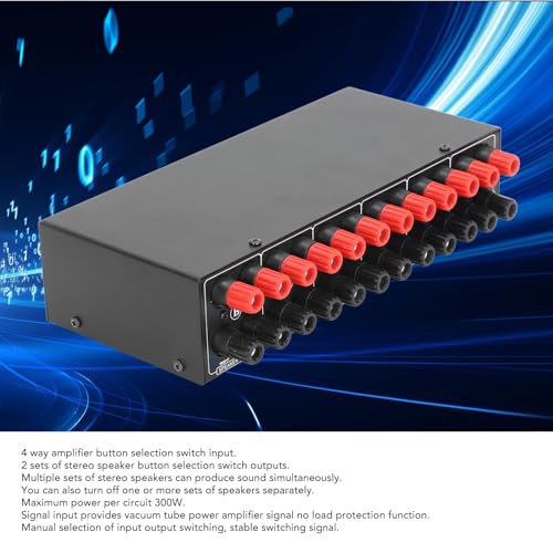 Passive Selector Switch 4 Amplifier in 2 Speaker Out Audio Selector Box, Manual Button Switch for Stereo System, 300W per Channel, Aluminum Alloy Housing with Banana Plug