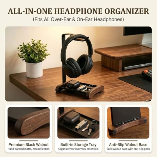 Headphone Stand for Desk with Storage Tray, Walnut Wood Headset Holder and Desktop Organizer for Headphones, Keys, Watches & Accessories, Home Office and Gaming Setup