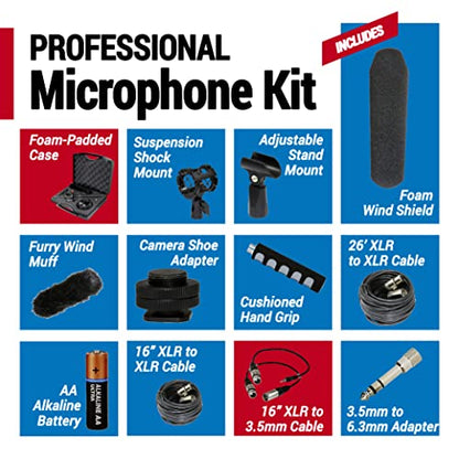 VidPro XM-55 13-Piece Professional Video & Broadcast Unidirectional Condenser Shotgun Microphone Kit - Complete Set Includes 2 Mounts Adapters Cables and More Perfect for Indoor and Outdoor Recording - style: XM-55