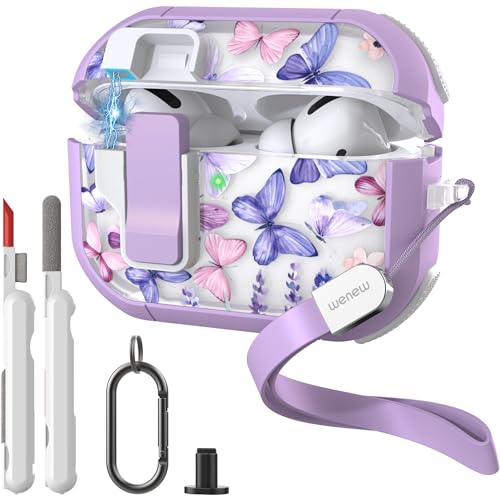 WENEW Case for AirPods Pro & Pro 2 Case Cover Secure Lock Automatic Snap Switch Clip Cleaner Kit Lanyard Women Stylish Hard Shell Full Body Front LED Visible (Purple Butterfly, AirPods Pro & Pro 2) - color: Purple Butterfly, size: AirPods Pro & Pro 2