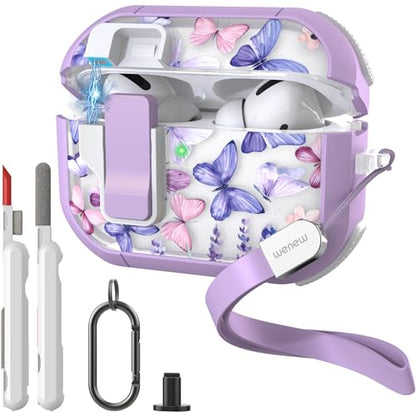 WENEW Case for AirPods Pro & Pro 2 Case Cover Secure Lock Automatic Snap Switch Clip Cleaner Kit Lanyard Women Stylish Hard Shell Full Body Front LED Visible (Purple Butterfly, AirPods Pro & Pro 2) - color: Purple Butterfly, size: AirPods Pro & Pro 2