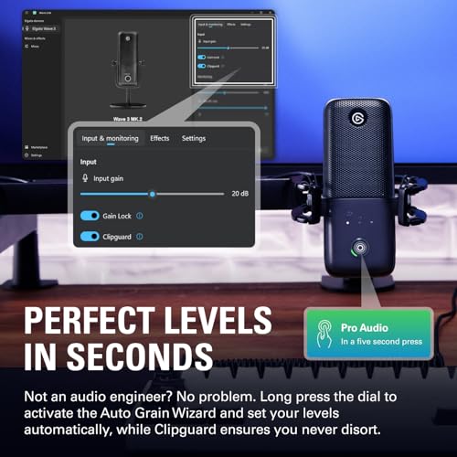 Elgato Wave:3 MK.2 USB Condenser Microphone, DSP Effects | Clipguard 2.0 protection, Auto Gain calibration, Onboard voice enhancer, compressor, EQ, Multifunction dial, USB-C - color: Black