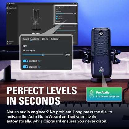 Elgato Wave:3 MK.2 USB Condenser Microphone, DSP Effects | Clipguard 2.0 protection, Auto Gain calibration, Onboard voice enhancer, compressor, EQ, Multifunction dial, USB-C - color: Black