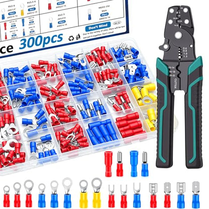 smseace 300pcs 19 Values Electrical Crimp Connectors with Crimping tool spade connector kit Fork Spade Butt Ring Bullet Crimp Connectors - size: 300Pcs