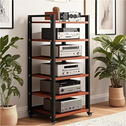 6 Tier Audio Rack Tower, CD Record Player Stereo Receiver AV Equipment Cabinet Display Rack, Weight Capacity 661 lbs, with Adjustable Wooden Shelves for Home (6 Tier Teakwood) - size: 6 Tier Teakwood