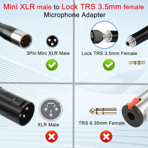 QIANRENON Mini XLR to TRS 3.5mm Microphone Connector Gold Plated 3Pin Male to Locking TRS 3.5mm Female Headset Adapter, for Wireless Bodypack Mic - style: M-F