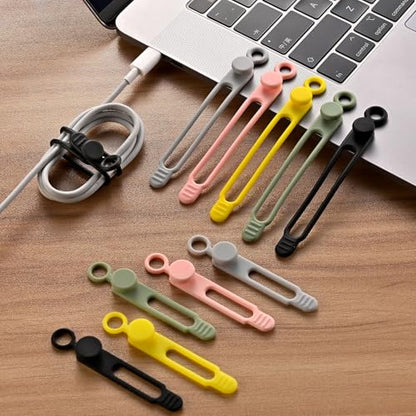 10Pcs Silicone Cable Ties Reusable Cord Organizers | for Earphones, Chargers, PC Wires, Ideal for Home Office Travel