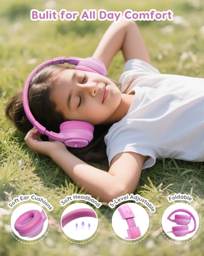 awatrue USB‑C Kids Headphones for School,74‑85‑94dB Limiter, w/Mic HK07C | Foldable Wired Over Ear Headphones, for Toddler School/Travel/iPad/Tablet, Pink-Gradient - color: USB-C Pink Gradient