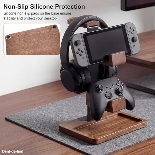 2-in-1 Solid Wood Headset Stand with Dual Game Controller Holder | Gaming Headphone Stand with Storage Base, 6 Joystick Sponge Rings and 8 Thumb Grips Gaming Equipment Accessories for Desk