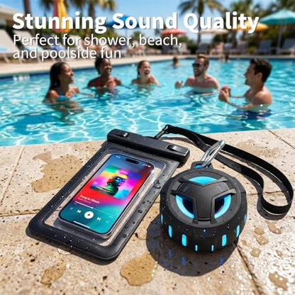 EBODA Bluetooth Shower Speaker with Waterproof Phone Pouch, Gifts for Men | Rugged & Ready for Any Wet Adventure, Stuff for Boat, Travel, Beach, Cruise Essentials, Touch Screen, Lanyard Included - color: Black+Black