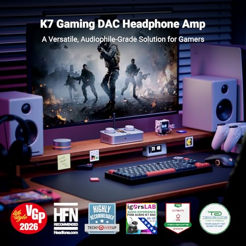 Fosi Audio K7 DAC Headphone Amp, Desktop USB C Digital to Analog Audio Converter for Workspace and Gaming PC PS5, Optical/Coaxial/Bluetooth aptX HD LL/Microphone Input, 3.5mm/4.4mm Balanced/RCA Output - color: Sliver