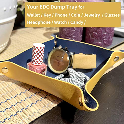 Faux Leather Valet Tray, Yellow + Navy Blue | Travel Nightstand Organizer, Small Jewelry Catchall, For Candy Key Phone Wallet Glasses Headphone Watch - color: Yellow + Navy Blue