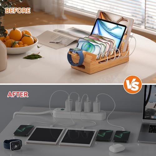 Pezin & Hulin Bamboo Charging Station for Multiple Device Phone Watch Stand | 100% natural bamboo, heavy stable base, non-slip pads, hidden cable compartment, 7 slots, 5 cables included. No USB HUB