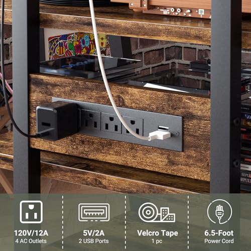 Besiost AV Media Stand with Outlets, Media Console with LED Lights, Stereo Racks and Stands with Storage Shelves, Media Audio Tower Cabinet, Rustic Brown - color: Rustic