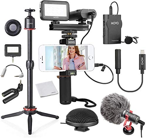 Movo Huge iPhone Vlogging Kit V8 with iPhone Lightning Dongle, Mini Tripod, Grip Rig, Wireless Shotgun Mini, 360° Stereo Microphones, LED Lights, Remote - Perfect for TiKTok, YouTube, and Streaming
