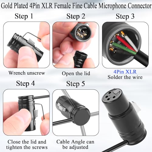 QIANRENON Compact 4Pin XLR Solder Microphone Adapter Adjustable 90° Angle 4Pin XLR Female Thin Cable Connector Gold Plated x-LR 4 Audio Socket, for DIY Repair 4 Pole X-LR, Included 0.9mm Spanner