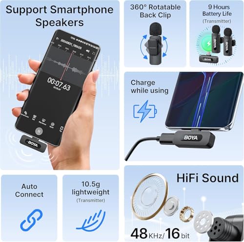BOYA BY-V20 USB-C Wireless Microphone for Android Type-C,iPhone 16/15,328FT Los Range,9H Battery,Noise Reduction Mini Wireless Lavalier Lapel Mics for Interview YouTube TikTok(2TX+1RX) - style: BY-V20(2TX+RXU)