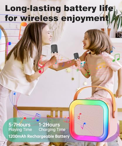 Mini Kids Karaoke Machine Ages 3-12, Wireless Mics Bluetooth Speaker, Pink | LED Party Lights, Voice Changer, Duets, BT 5.3, Rechargeable Portable, Birthday Christmas Toys & Gifts for Boys & Girls - color: Pink - 1 Mic