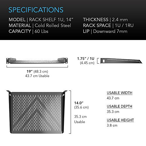 AC Infinity Vented Cantilever 1U Universal Rack Shelf, 14" Deep | Designed for 19” Equipment Racks. Heavy-Duty 2.4mm Cold Rolled Steel, 60lbs Capacity - size: 1RU 14" Deep