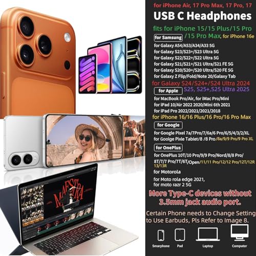 KASOTT USB C Headphone for Samsung Wired Earbuds Magnetic in-Ear Type C Earphone with Microphone Volume Control Deep Bass Stereo Noise Canceling for iPhone 17 Pro Max Air 16 16e 15 (Black, USB-C)