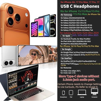 KASOTT USB C Headphone for Samsung Wired Earbuds Magnetic in-Ear Type C Earphone with Microphone Volume Control Deep Bass Stereo Noise Canceling for iPhone 17 Pro Max Air 16 16e 15 (Black, USB-C)