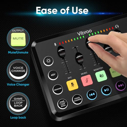 Wegrower W-11BK Rechargeable Audio Mixer with Tripod | 48V Phantom Power, Dual Mic Inputs, RGB Lighting, 1-Click Noise Cancel, Voice Changer