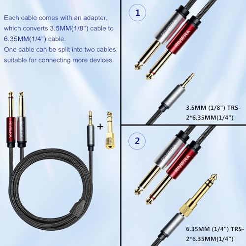 RIVIERA 10FT/3.0M Audio Cable 3.5mm 1/8" TRS to Dual 6.35mm 1/4" TS Braided Sheilded Copper Wire and 24K Gold Plated Low Noise with Braided Nylon Jacket for Digital Players & Musical Instruments - color: 1/8 TRS-Dual 1/4 TS Black, size: 10FT/3.0M